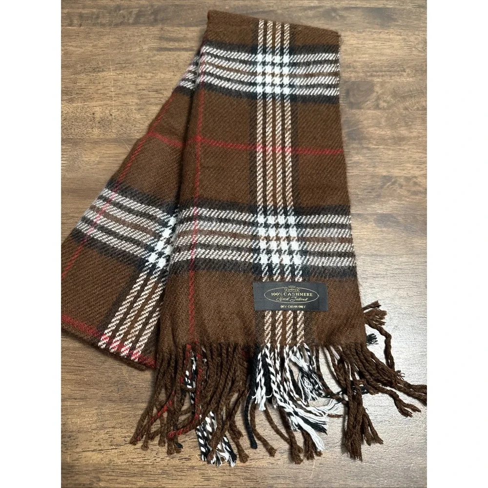 100% Cashmere Hand Tailored Brown Plaid Winter Scarf Tartan 12x60